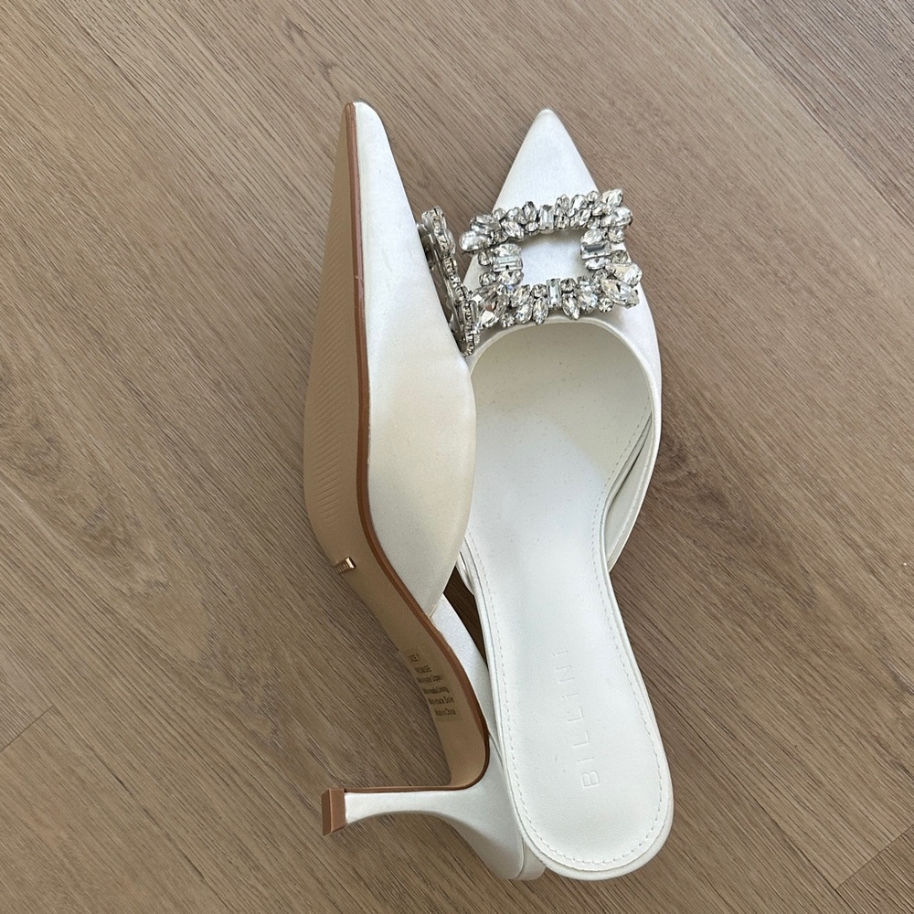 Billini Ivory Satin Pointed Crystal Buckle Mules